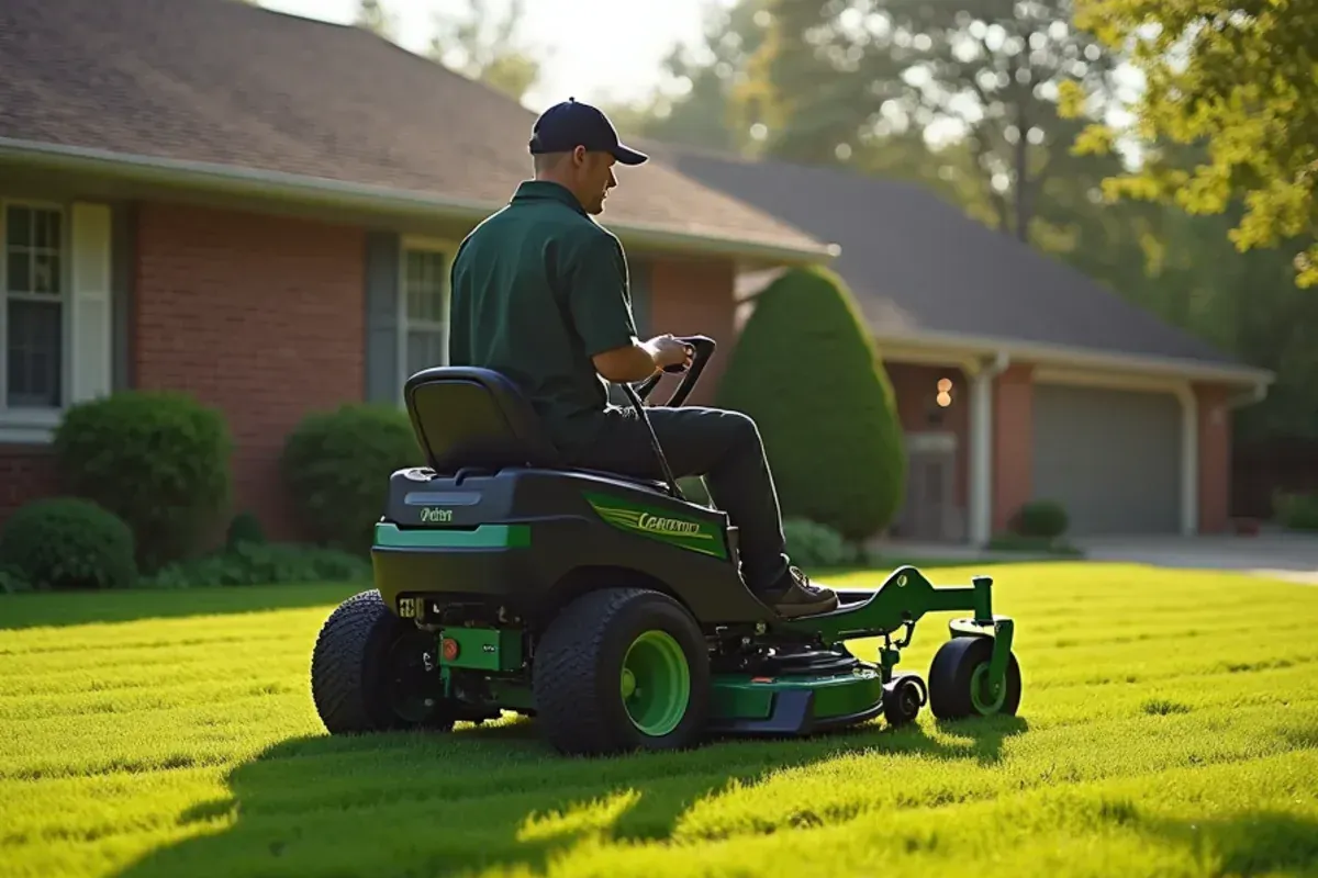 Speedway Lawn Maintenance owner mowing diagonal stripes on a front lawn in Speedway, IN