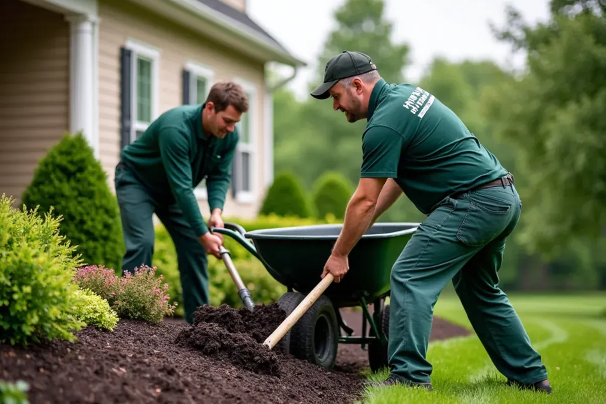 Speedway Lawn Maintenance crew spreading hardwood mulch in flower beds in Indianapolis