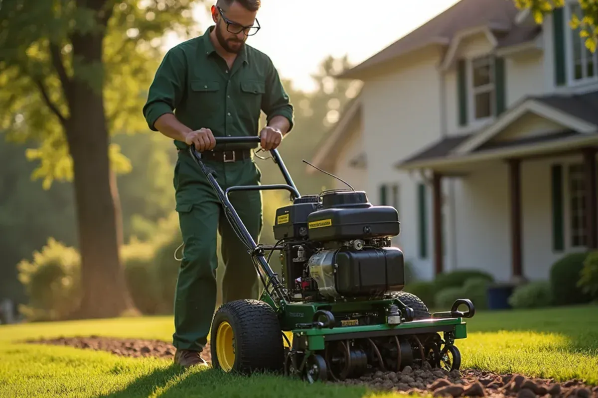 Core aerator pulling soil plugs from compacted clay on a lawn in Speedway, IN