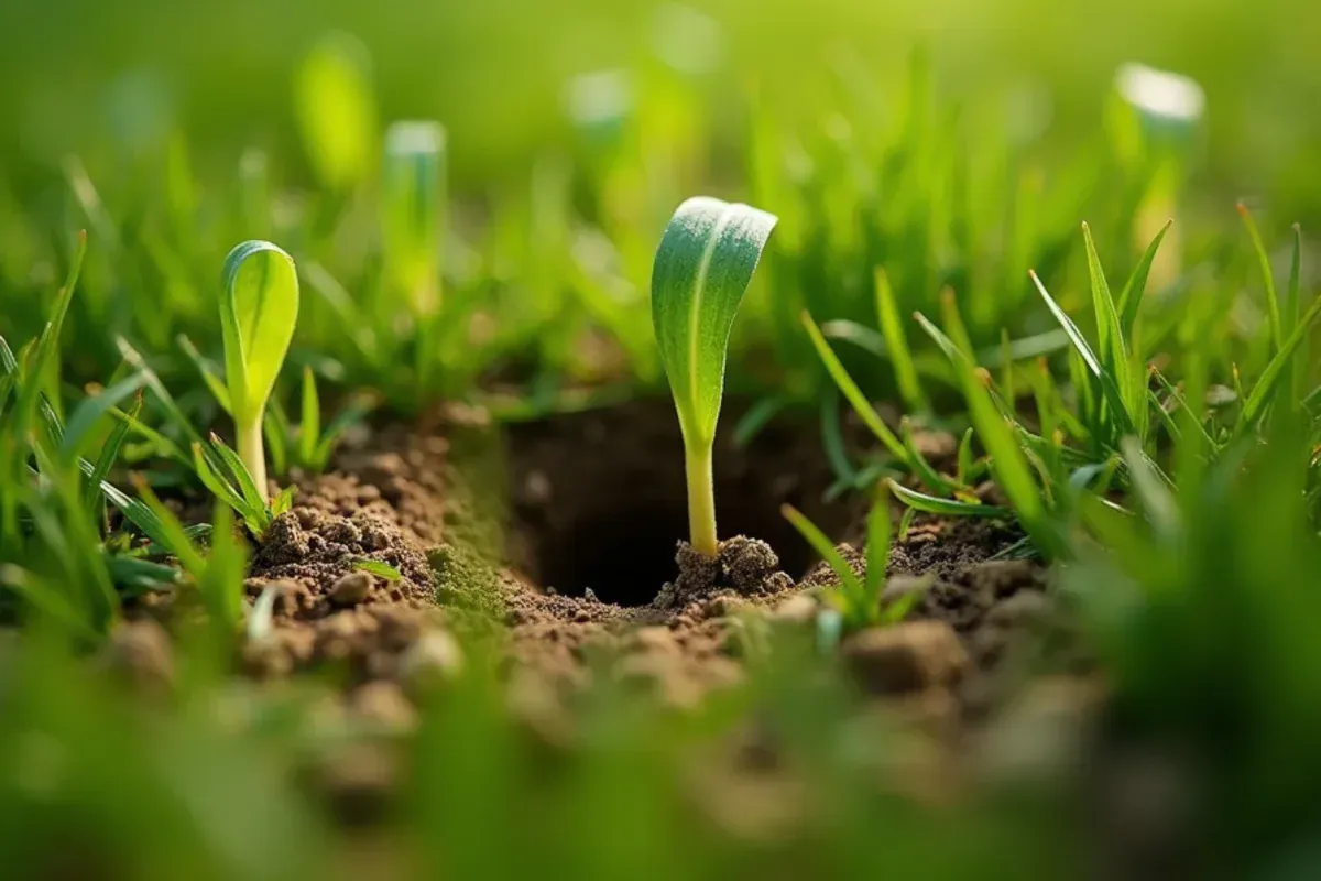 New grass seedlings sprouting in aeration holes after fall overseeding in Indianapolis