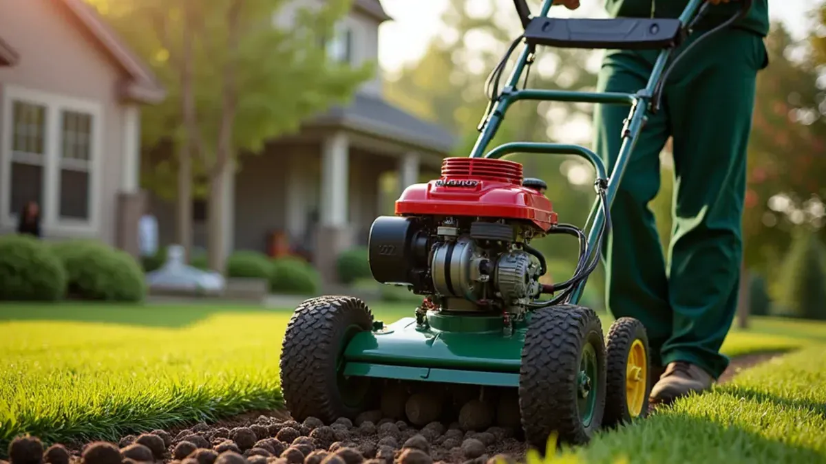 Core aerator pulling soil plugs from a clay lawn during fall overseeding in Speedway, IN