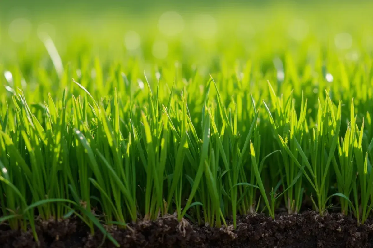 Close-up of turf-type tall fescue grass growing in a sunny central Indiana lawn