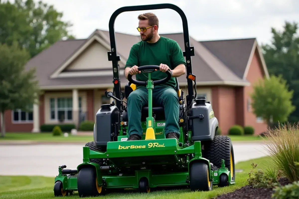 Commercial mower cutting office park grounds in the Indianapolis area
