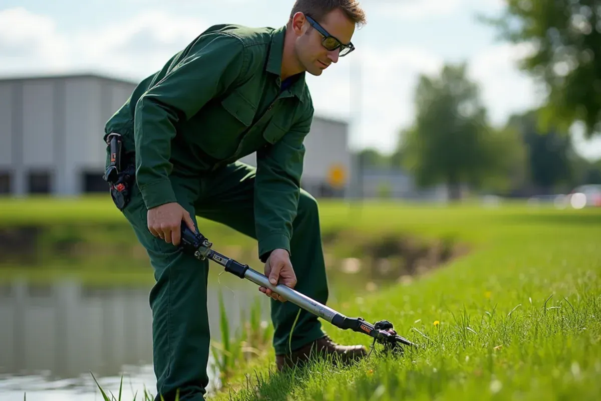 Trimming grass along a retention pond edge at a commercial property near Indianapolis, IN