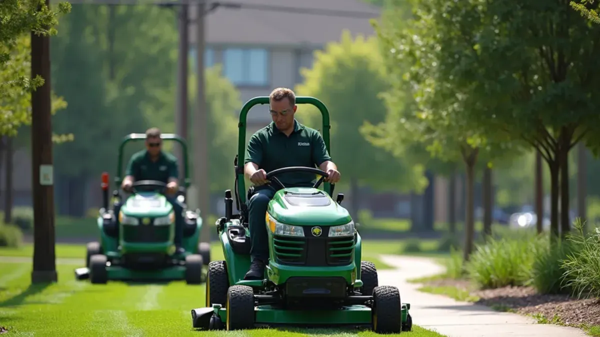 Mowed turf and trimmed entrance beds outside a small office building in Speedway, Indiana