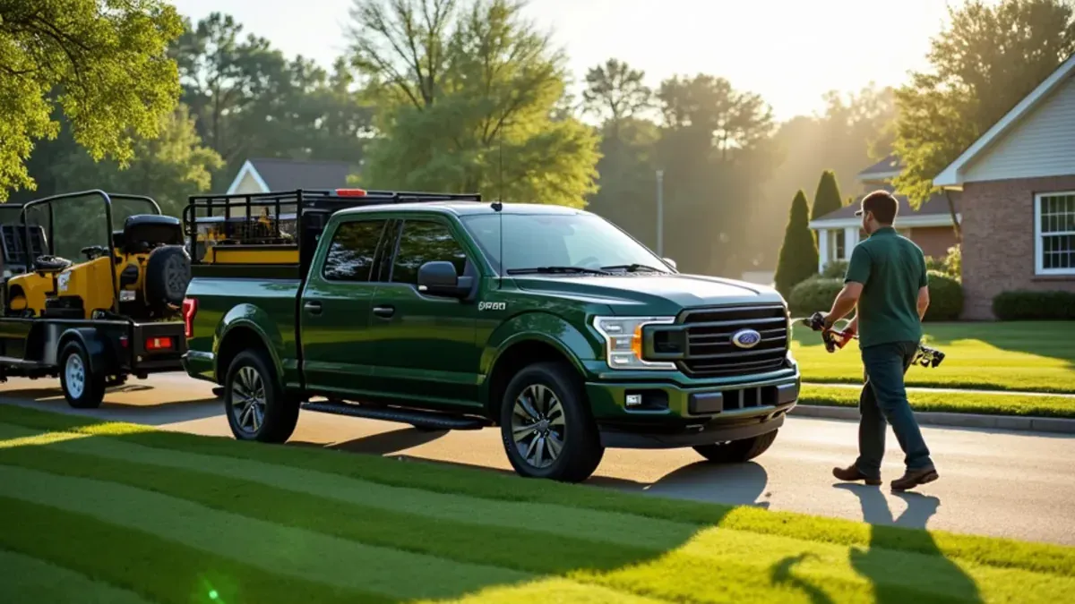 Speedway Lawn Maintenance truck and trailer parked beside a freshly mowed lawn in Speedway, IN