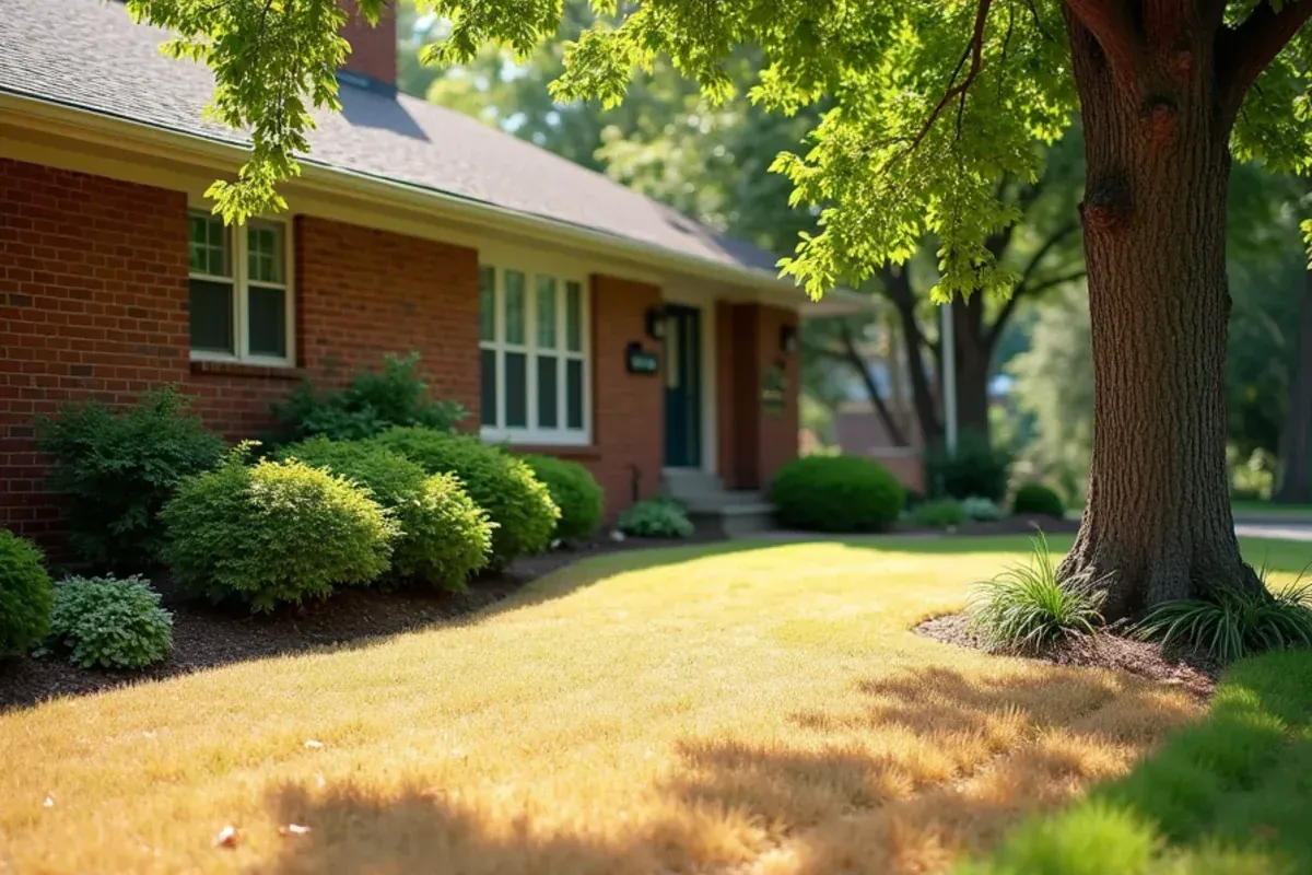 Drought-dormant brown lawn in late July in Speedway, IN