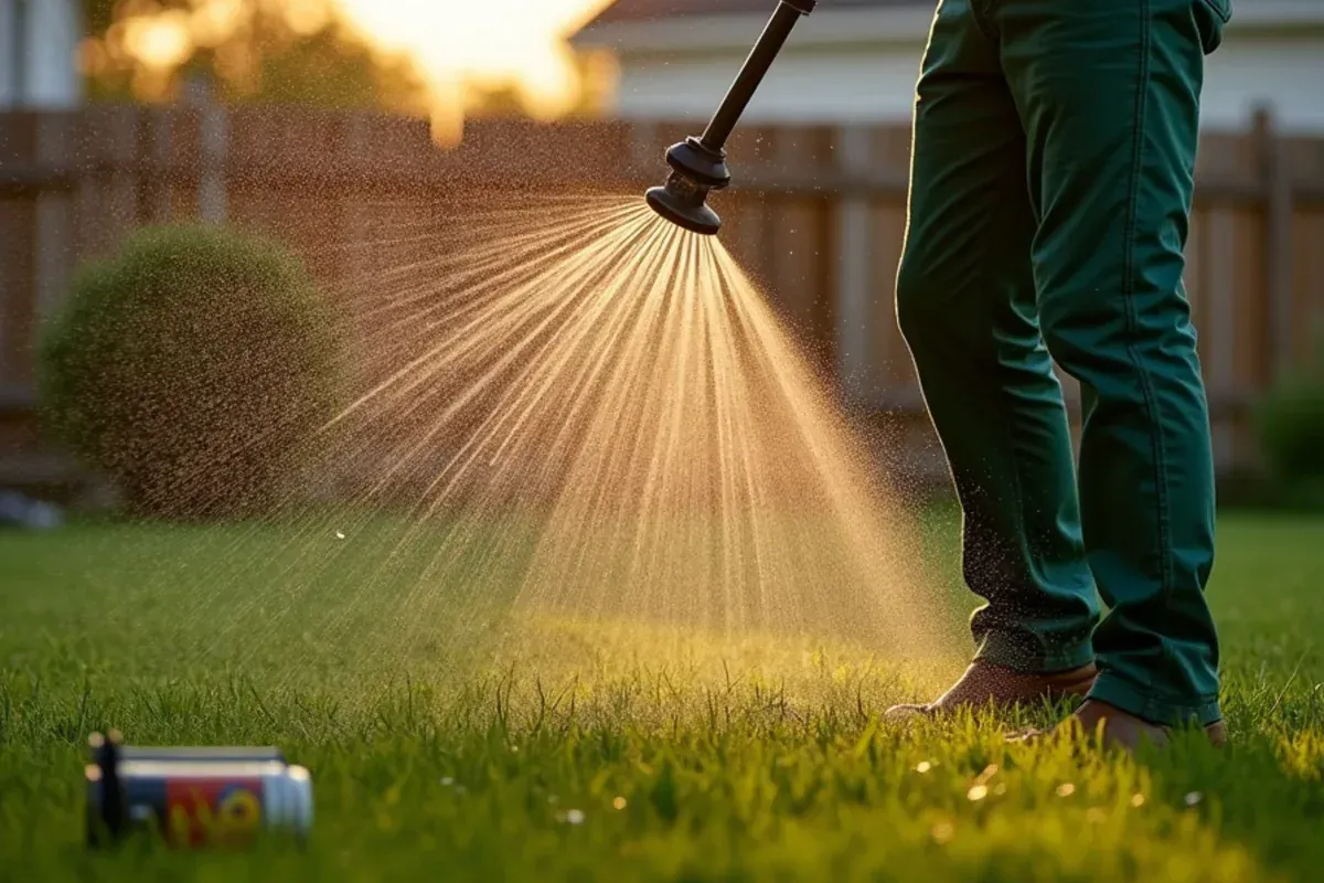 Oscillating sprinkler deep-watering a drought-stressed lawn at dawn in Indianapolis