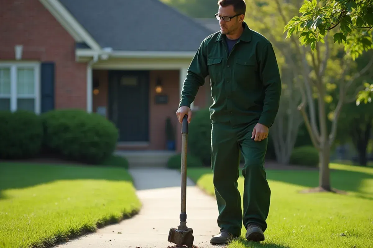 Worker cutting a crisp driveway edge with a stick edger in Speedway, IN