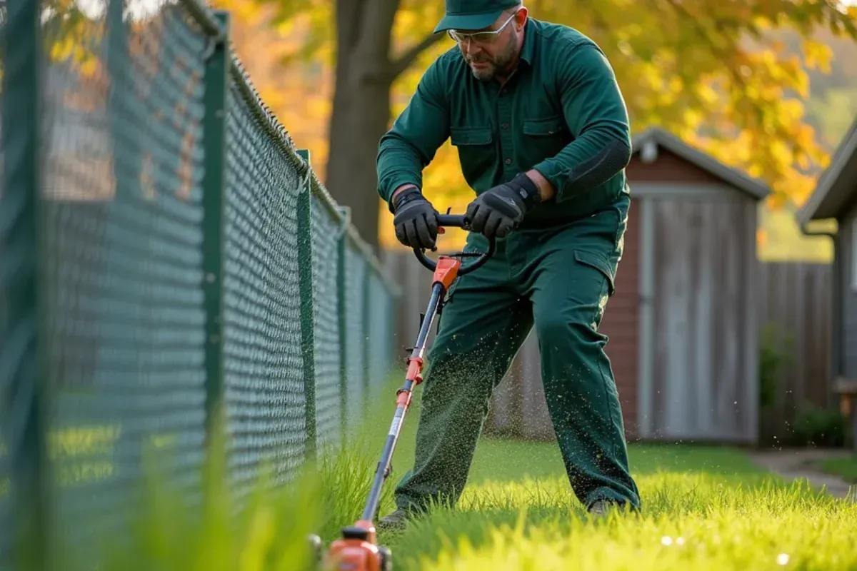 String trimming grass along a chain-link fence line in an Indianapolis backyard