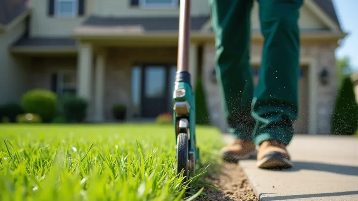 Speedway Lawn Maintenance crew edging a sidewalk along a freshly mowed front lawn in Speedway, IN
