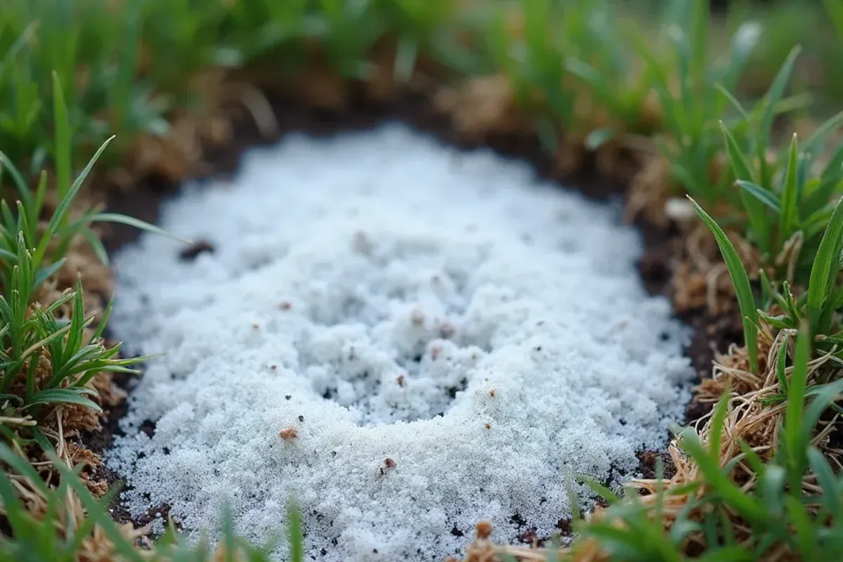 Gray snow mold patches on a lawn after the snow melts in Indianapolis, IN