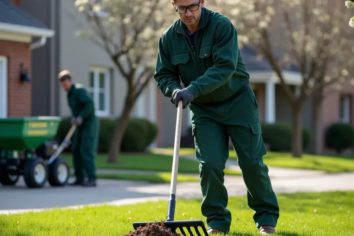 Worker raking out winter-killed grass before spring overseeding in Speedway, IN