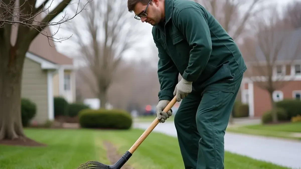 Matted, straw-colored patches of winter-damaged turf being raked out in early spring at a Speedway, Indiana home