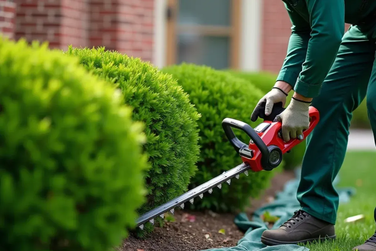 Trimming boxwood shrubs along a foundation bed at a home in Indianapolis, IN