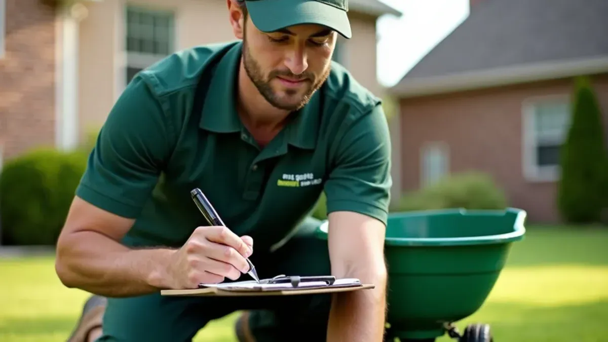 Lawn care notebook and grass seed on a porch step beside a green Indiana lawn