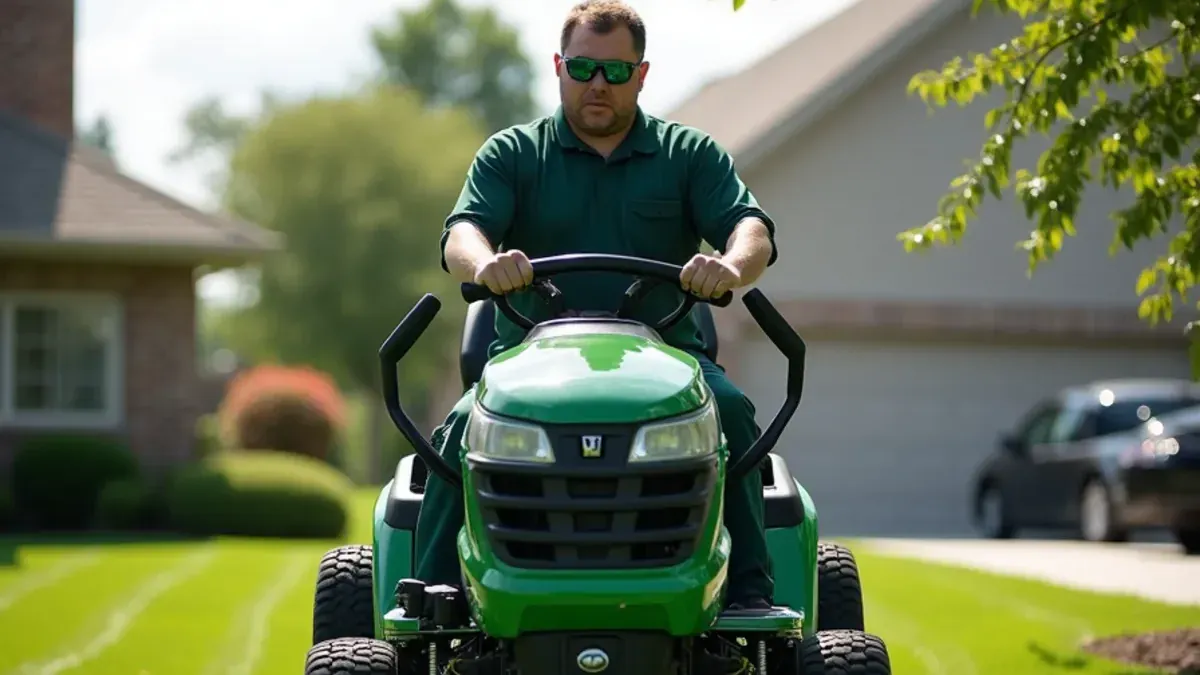 Wide half-acre lawn with a neatly mowed drainage swale in Clermont, IN, maintained by Speedway Lawn Maintenance