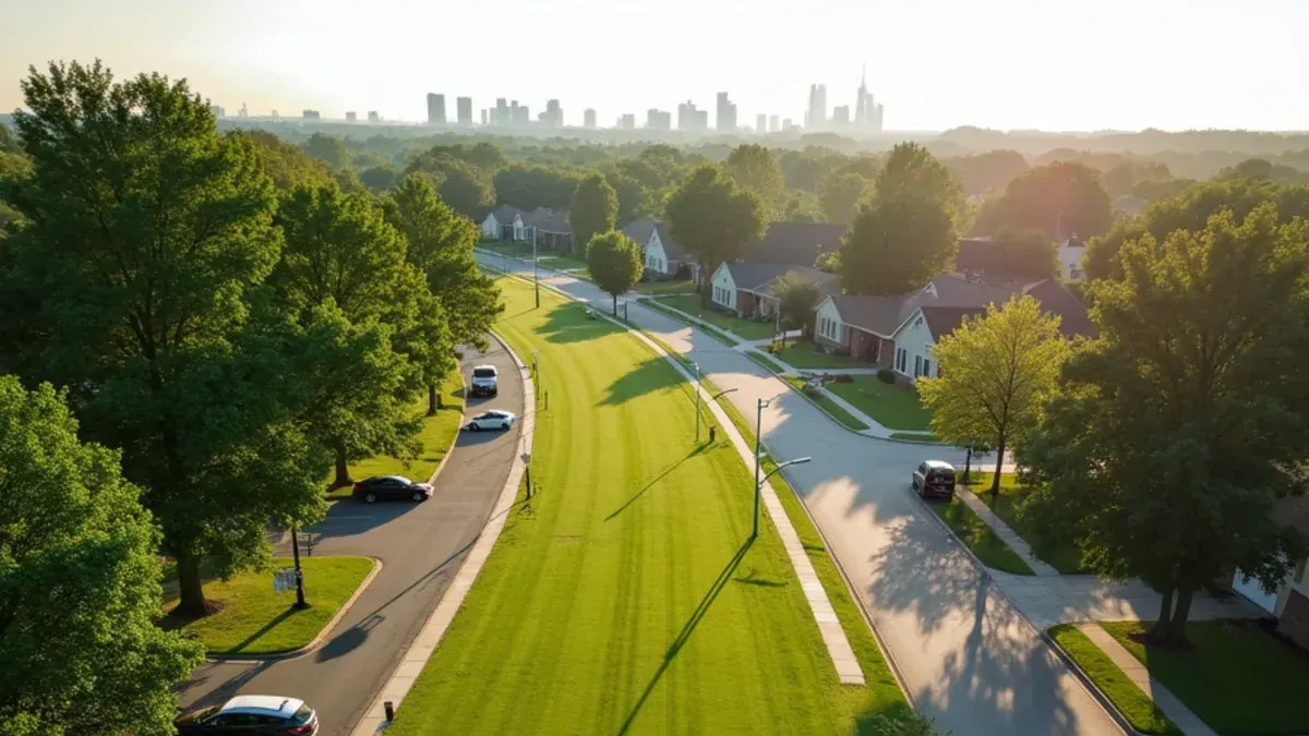Aerial view of tree-lined residential lawns in the Indianapolis suburbs served by Speedway Lawn Maintenance