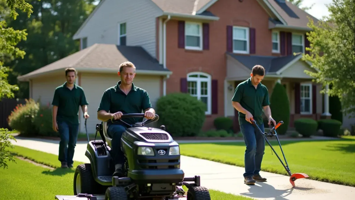 Speedway Lawn Maintenance crew edging, mowing and mulching a lawn in Indianapolis, IN