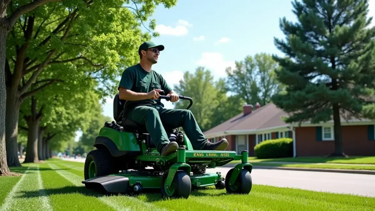 Freshly mowed lawn with diagonal stripes and crisp edging in front of a home in Speedway, IN