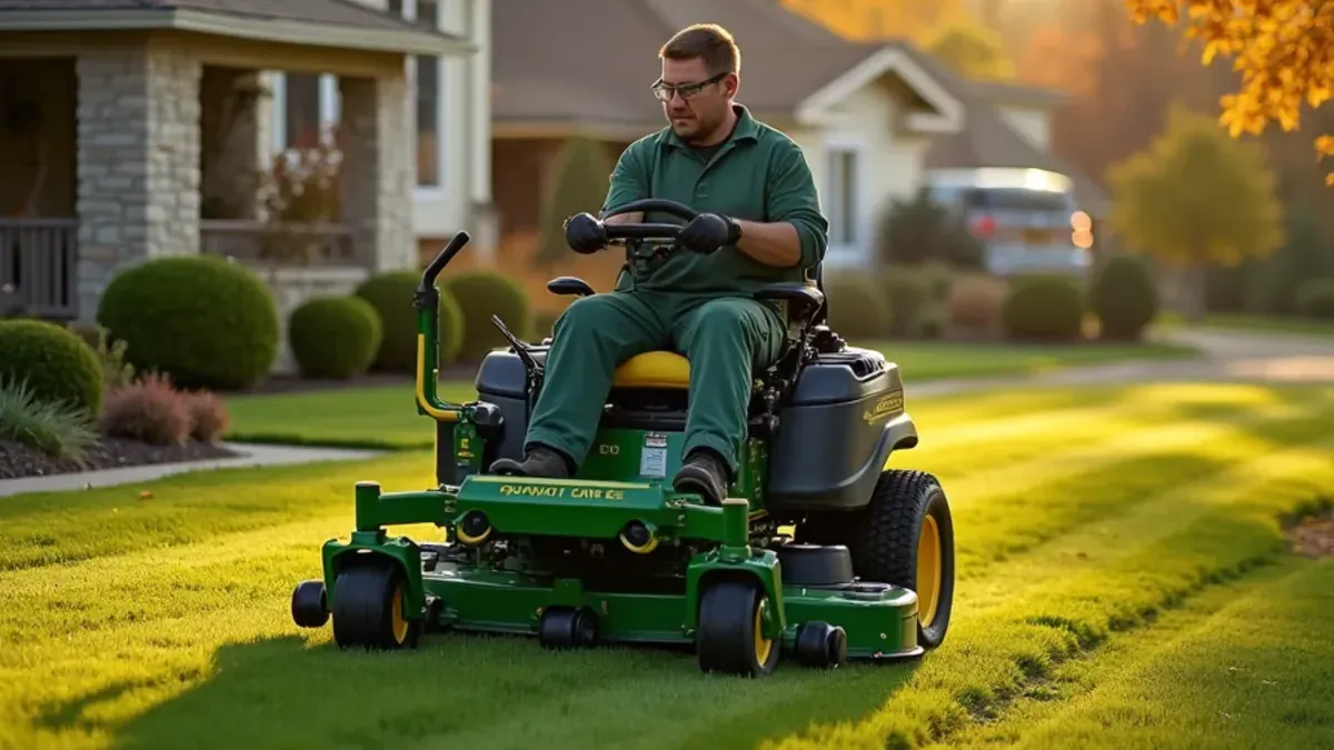Wide rural lawn mowed in straight lines beside a hardwood tree line on an acreage property in Trafalgar, IN