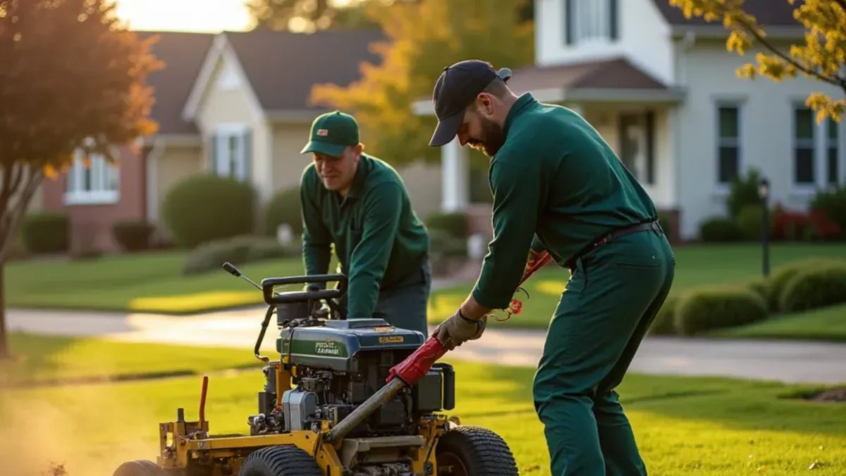 Flat clay lawn being core aerated in fall in Winchester, IN