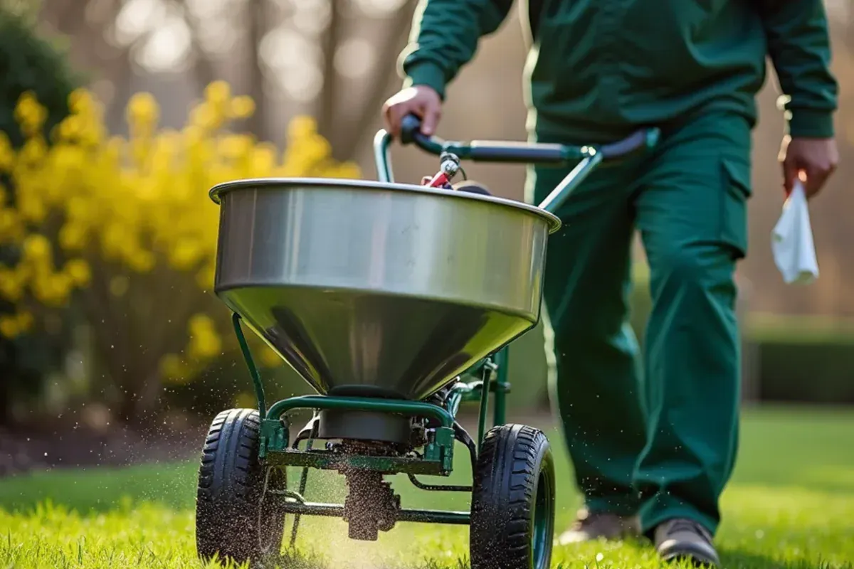 Technician applying granular fertilizer with a broadcast spreader on an Indianapolis lawn