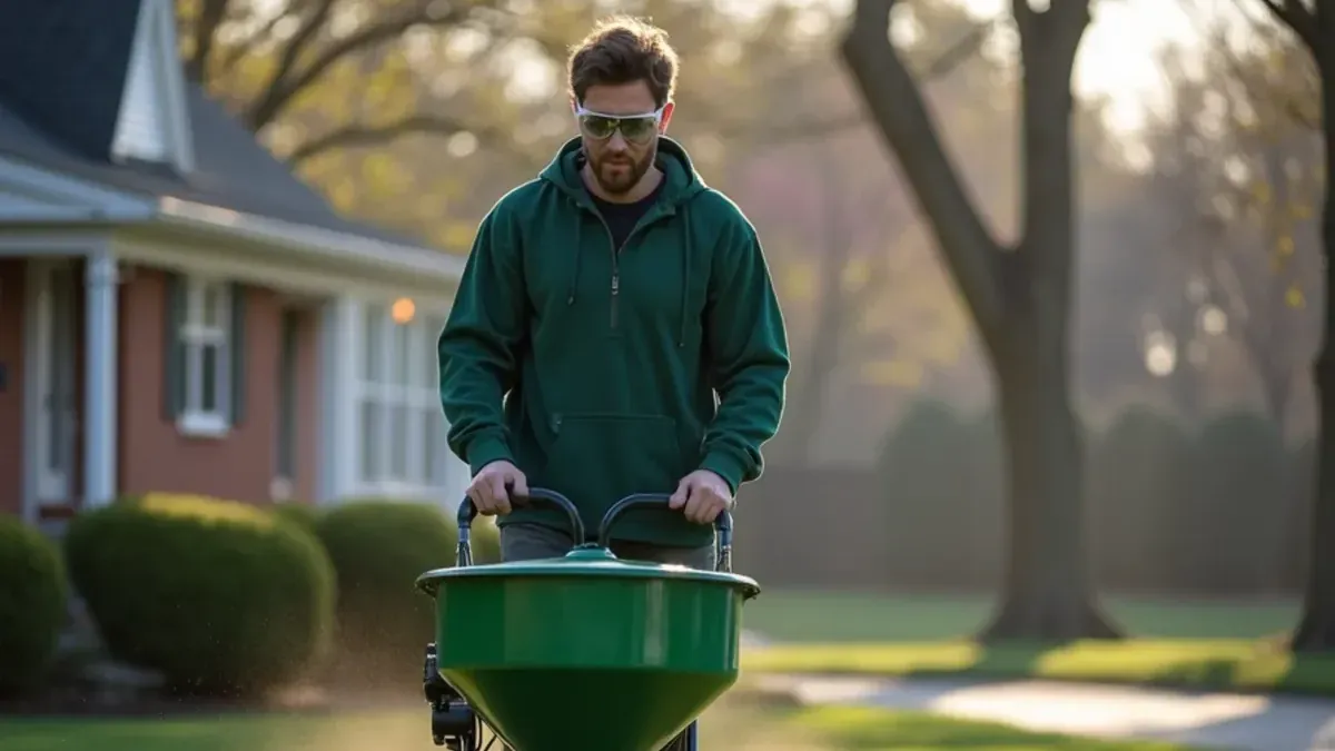 Speedway Lawn Maintenance technician applying granular fertilizer with a rotary spreader on a lawn in Speedway, IN