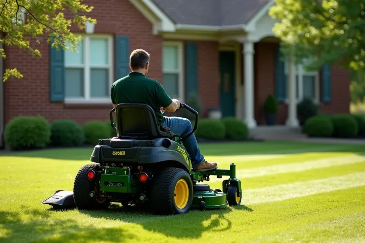 Lawn mowing crew cutting diagonal stripes with a zero-turn mower on a Speedway, IN front lawn