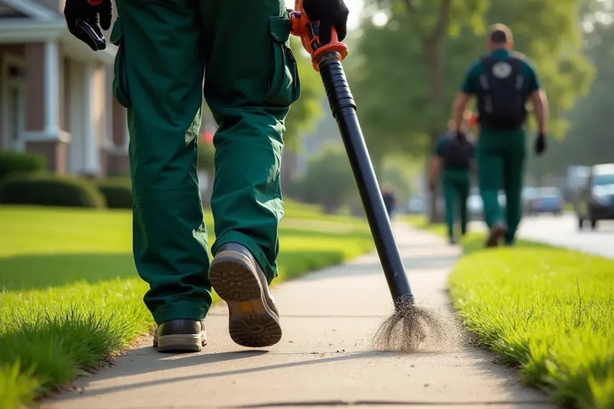 Freshly mowed and edged lawn with clippings blown off the sidewalk in Indianapolis, IN