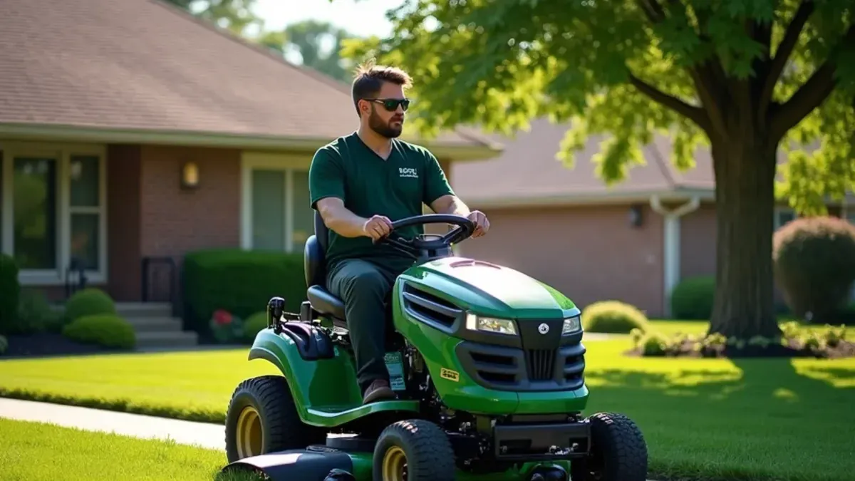 Speedway Lawn Maintenance crew mowing diagonal stripes on a front lawn in Speedway, IN