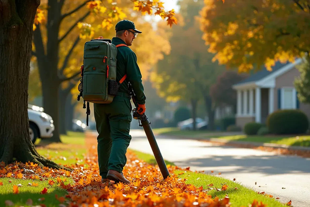 Crew blowing fallen maple leaves off a lawn in Speedway, IN in late October