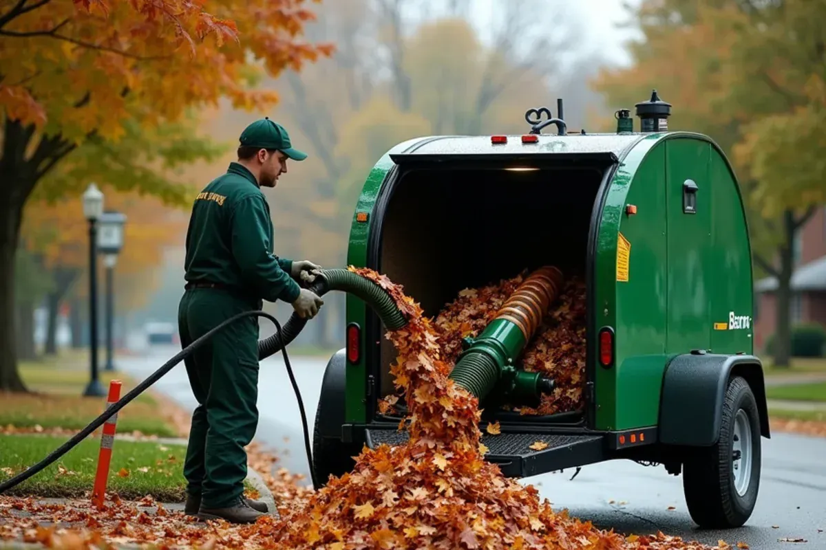 Leaf vacuum loading fall leaves into a trailer at the curb in Indianapolis, IN