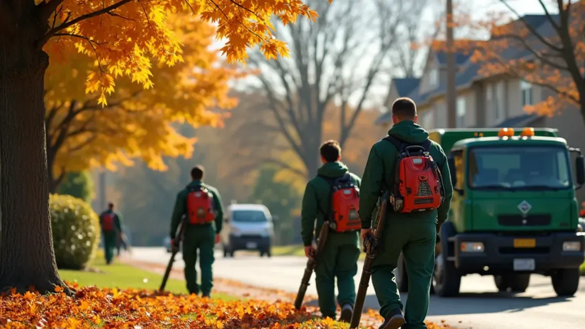 Crew blowing fallen maple leaves off a front lawn and into a collection tarp in Speedway, Indiana