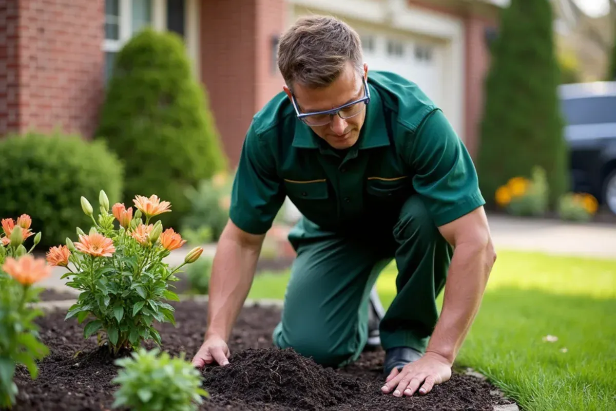 Crew spreading fresh hardwood mulch in a front flower bed in Indianapolis, IN