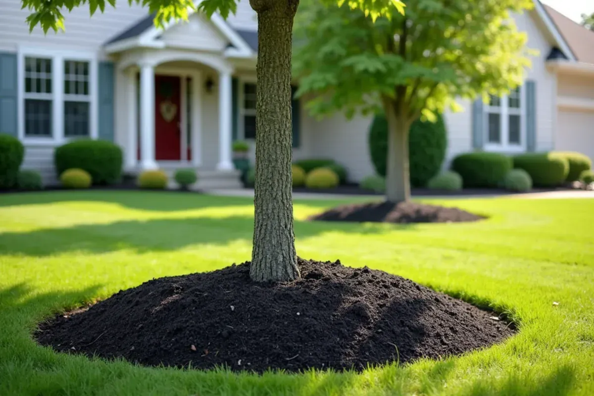 Properly mulched tree ring with mulch pulled back from the trunk in Speedway, IN