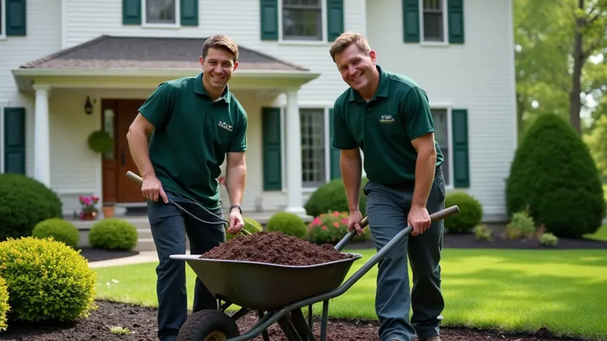 Freshly spread dark hardwood mulch in a spade-edged front bed at a Speedway, Indiana home