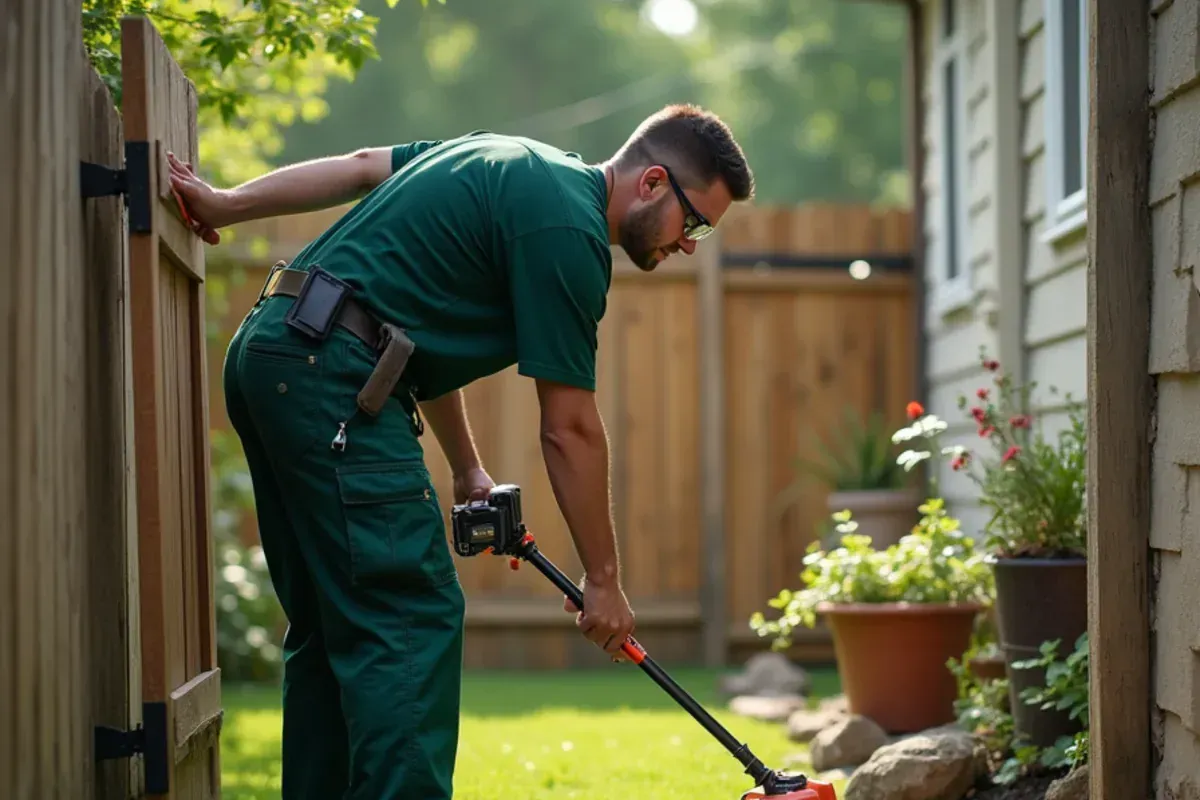 Lawn care worker latching a backyard gate after mowing at a home in Speedway, IN