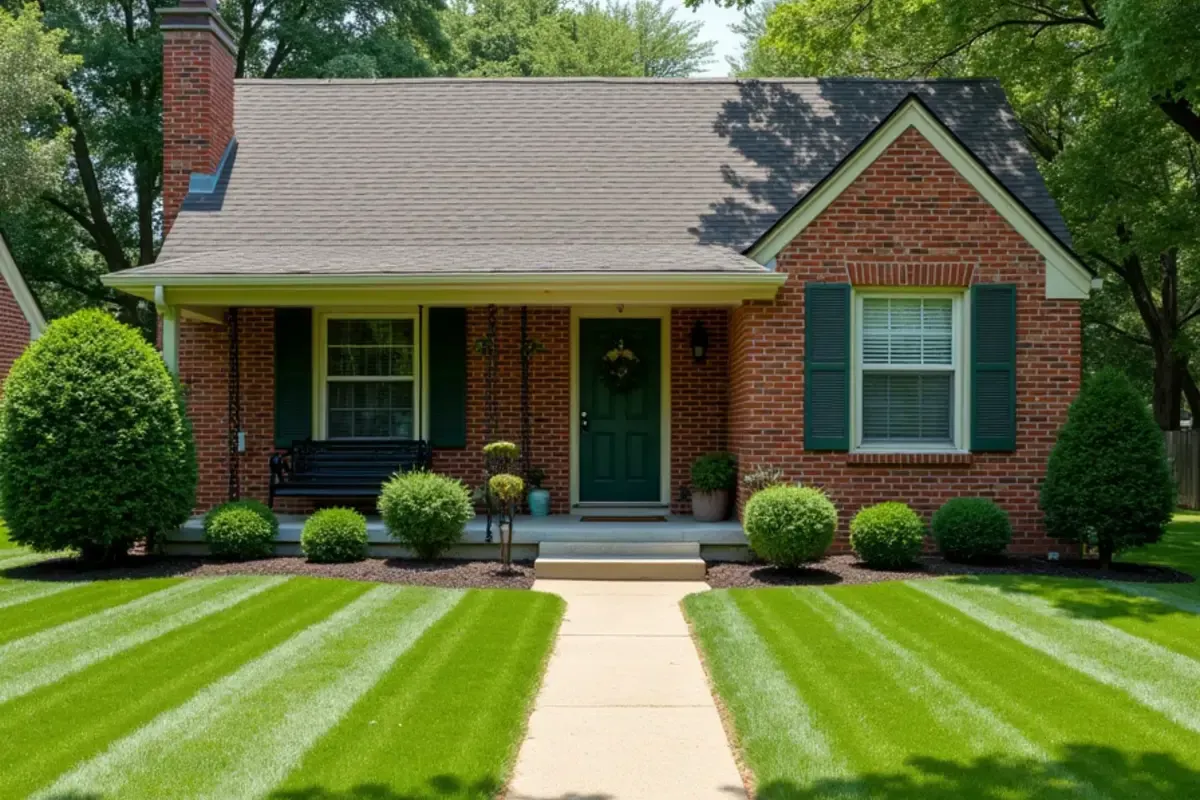 Striped, edged front lawn and mulched beds at a brick bungalow in Indianapolis, IN
