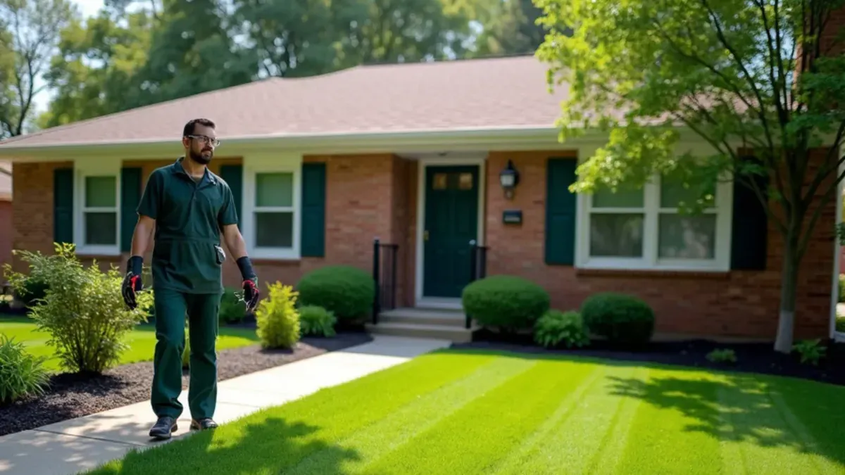 Freshly mowed front lawn with diagonal stripes and crisp sidewalk edges at a home in Speedway, Indiana