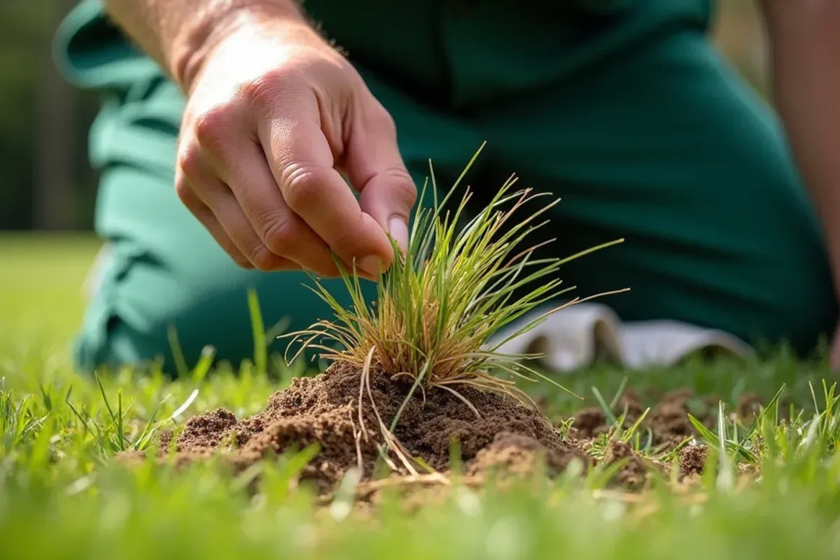 Tug test on drought-browned grass to check whether an Indiana lawn is dormant or dead