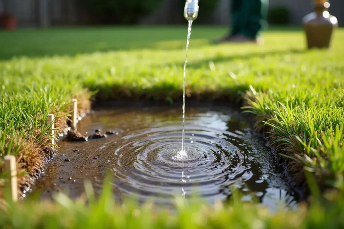 Small lawn patch soaked for a water test showing green shoots returning in Indiana