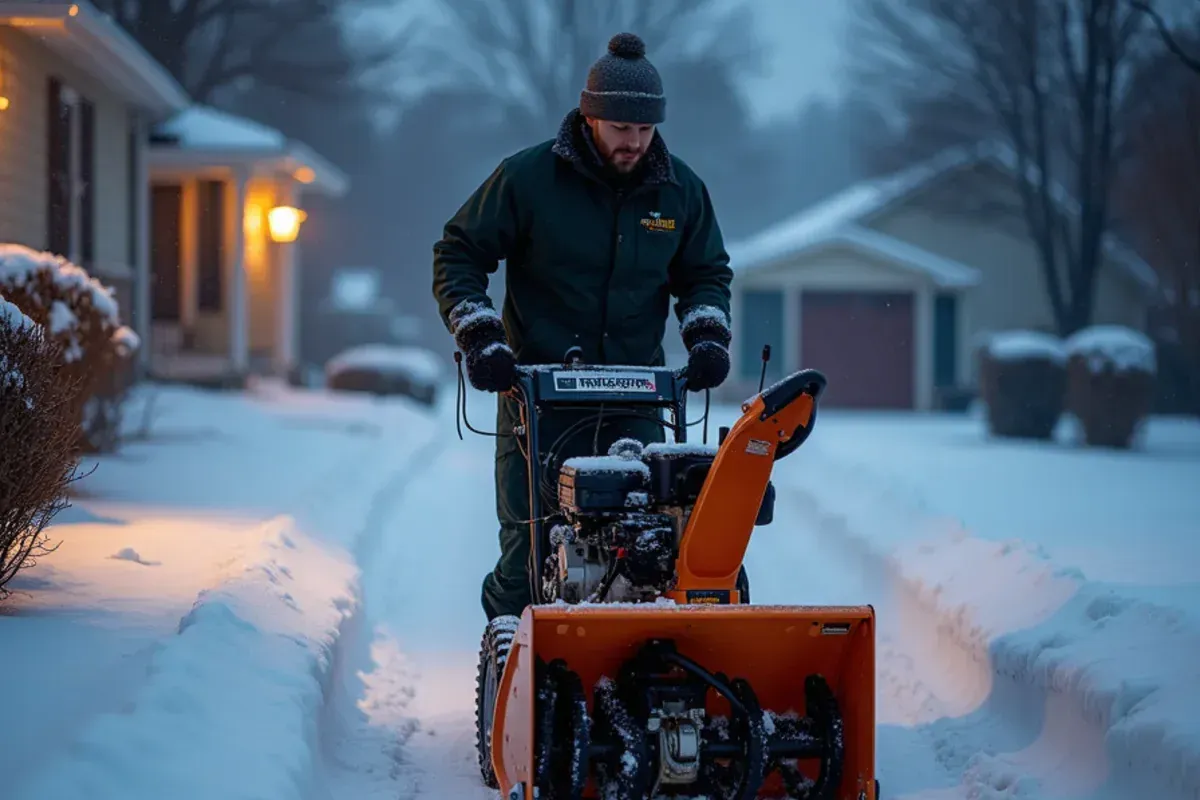 Crew clearing a residential driveway with a snow blower after a snowfall in Speedway, IN