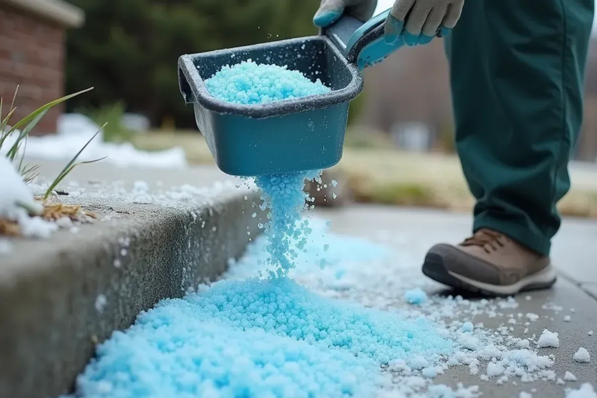 Spreading ice melt on the front steps and walkway of an Indianapolis home in winter
