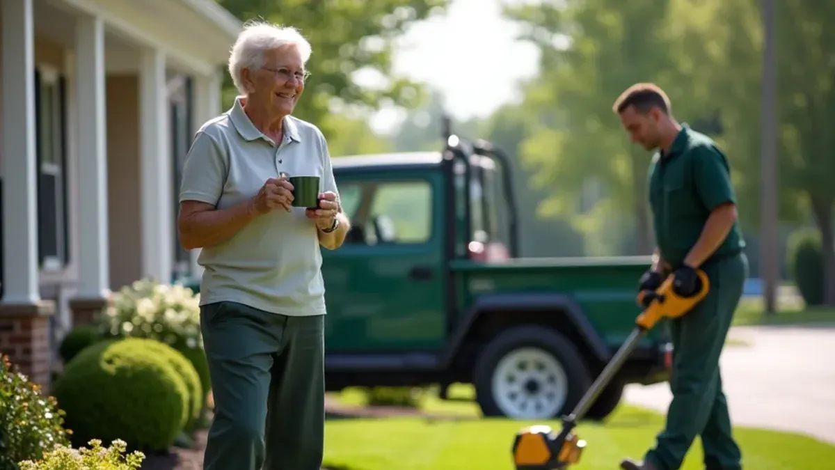 Homeowner admiring a freshly striped and edged front lawn in Speedway, Indiana