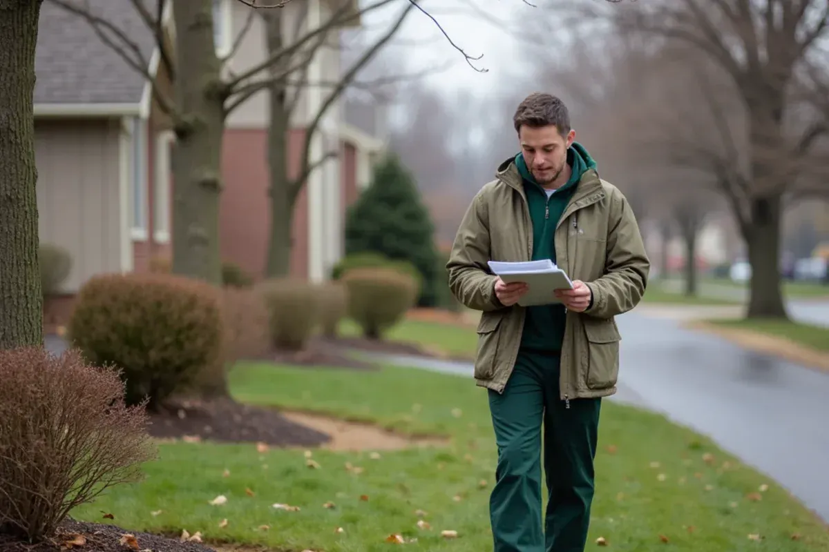 Homeowner walking a thawing lawn with a notepad during a late-winter lawn inspection in Indiana