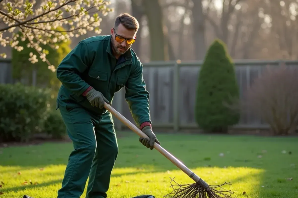 Lightly raking winter debris off a damp lawn in early spring in Marion County, Indiana