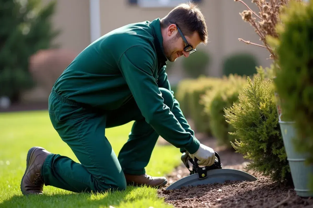 Re-cutting a flower bed edge and pruning shrubs during a spring cleanup in Indiana