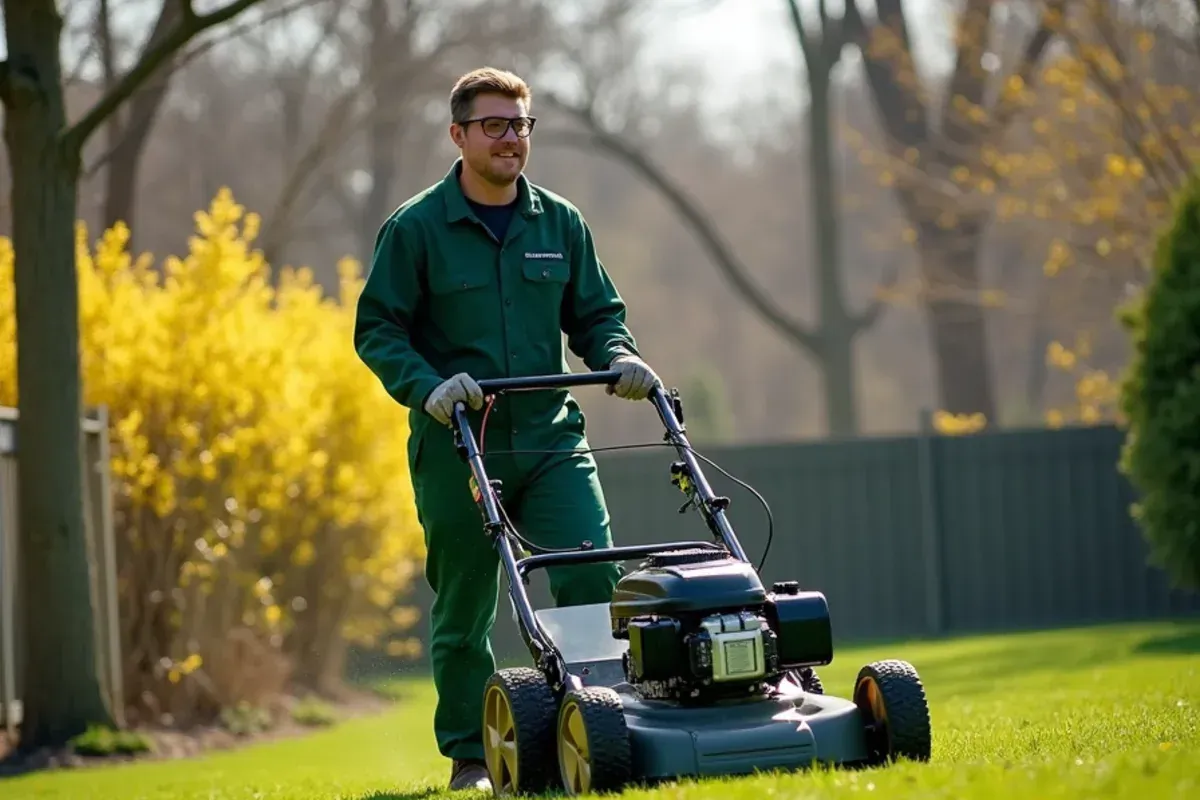 First mow of the season on a greening lawn in Marion County, Indiana