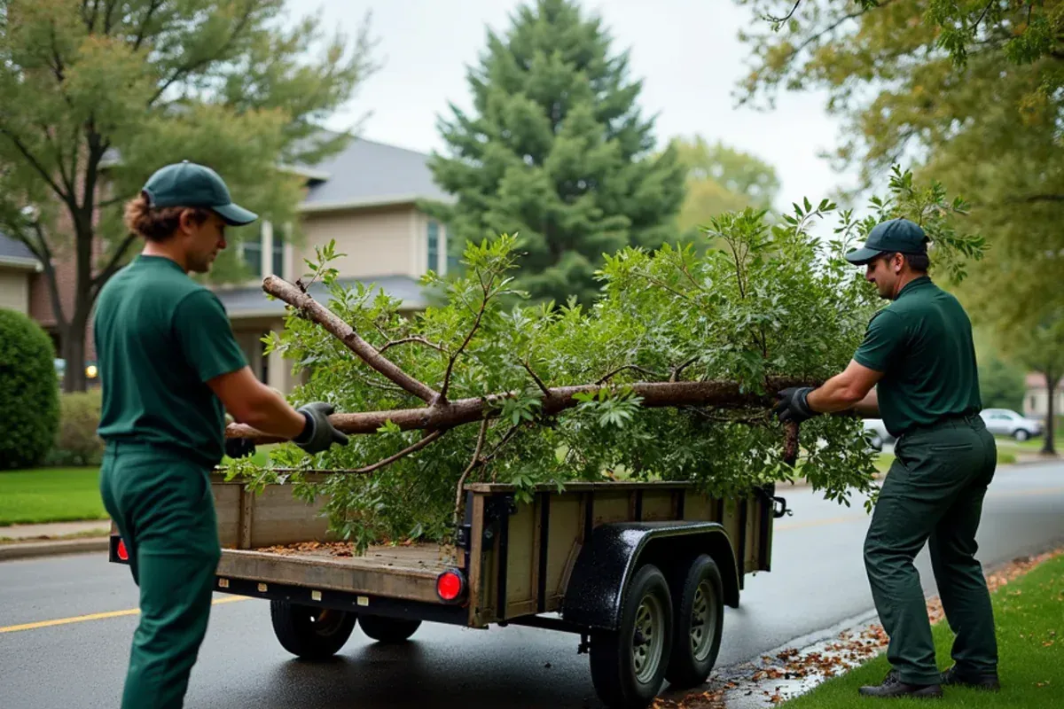 Crew loading fallen tree limbs onto a trailer after a thunderstorm in Indianapolis, IN